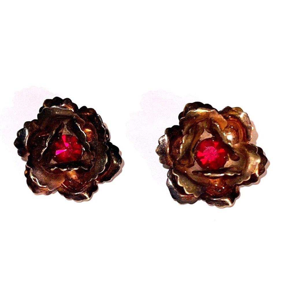 Vintage Matched Pair Sweater Pins With Red Rhinestones Copper Color Rose Brooch